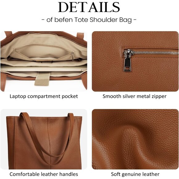 ⚡Women Cognac Brown 02 Genuine Leather Work Shoulder Laptop Compartment Handbag - Picture 5 of 7